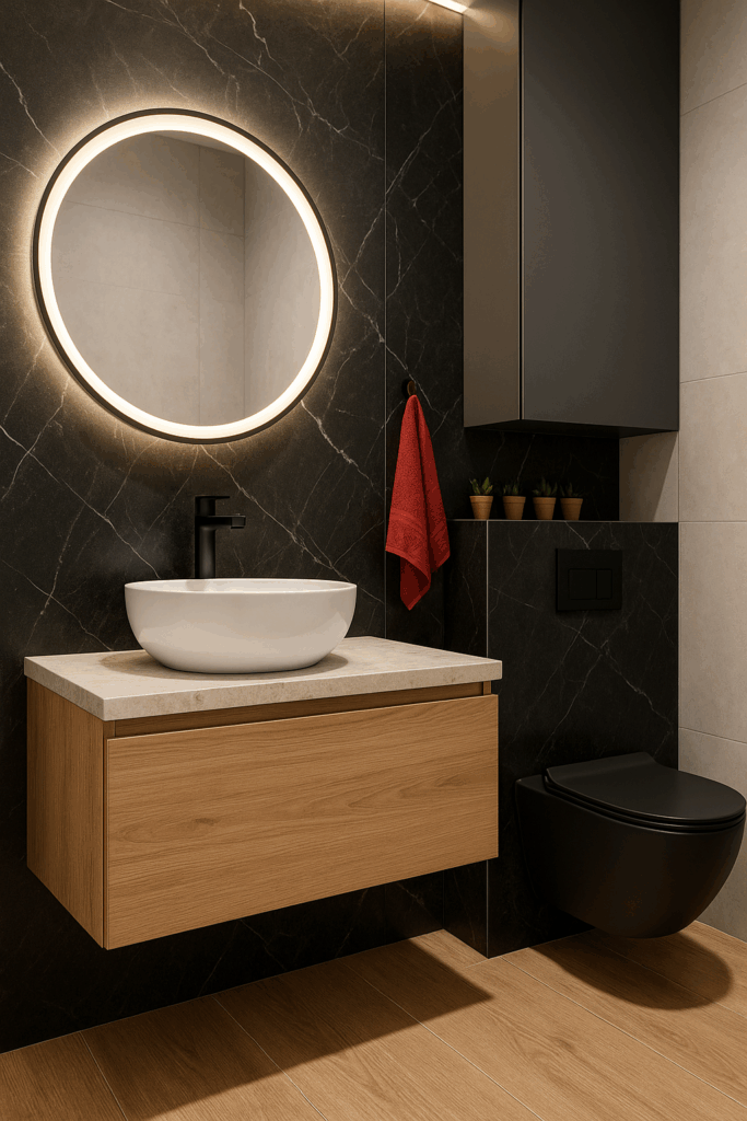 wisząca szafka z umywalką i lustrem LED