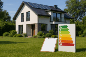 Dom jednorodzinny z panelami PV i tablicą klas A–G — przykład budynku ubiegającego się o świadectwo EPC w 2025 r.