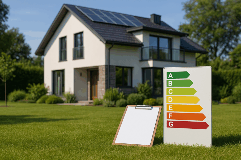 Dom jednorodzinny z panelami PV i tablicą klas A–G — przykład budynku ubiegającego się o świadectwo EPC w 2025 r.