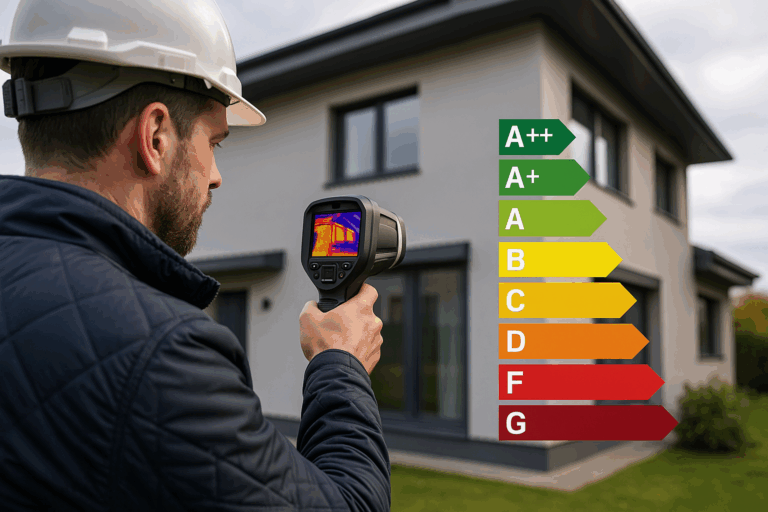 Audytor termowizyjny ocenia mostki cieplne domu; obok skala klas energetycznych od A++ do G