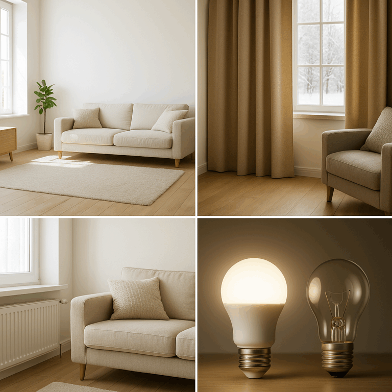 Jasne ściany, zasłony termo, odsunięta sofa i żarówki LED — cztery proste sposoby na lepszą efektywność energetyczną mieszkania