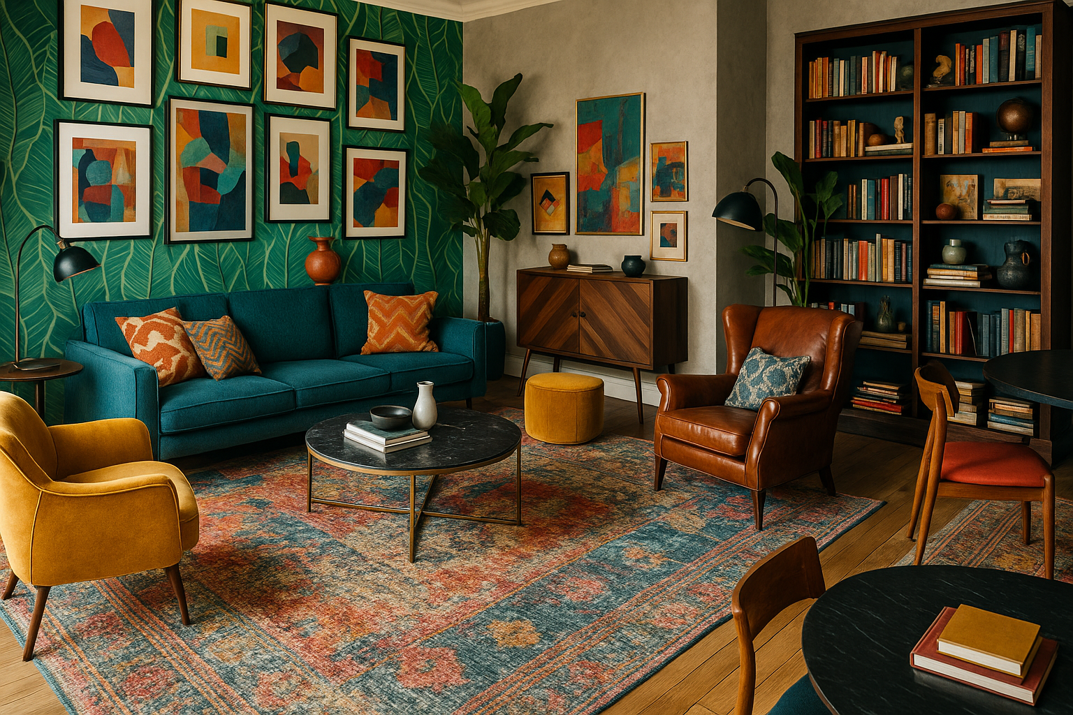 Eklektyczny salon w stylu maksymalistycznym z zieloną tapetą, galerią abstrakcyjnych obrazów, aksamitnymi meblami w intensywnych kolorach, warstwowym dywanem, regałem z książkami i rzeźbiarskim oświetleniem.