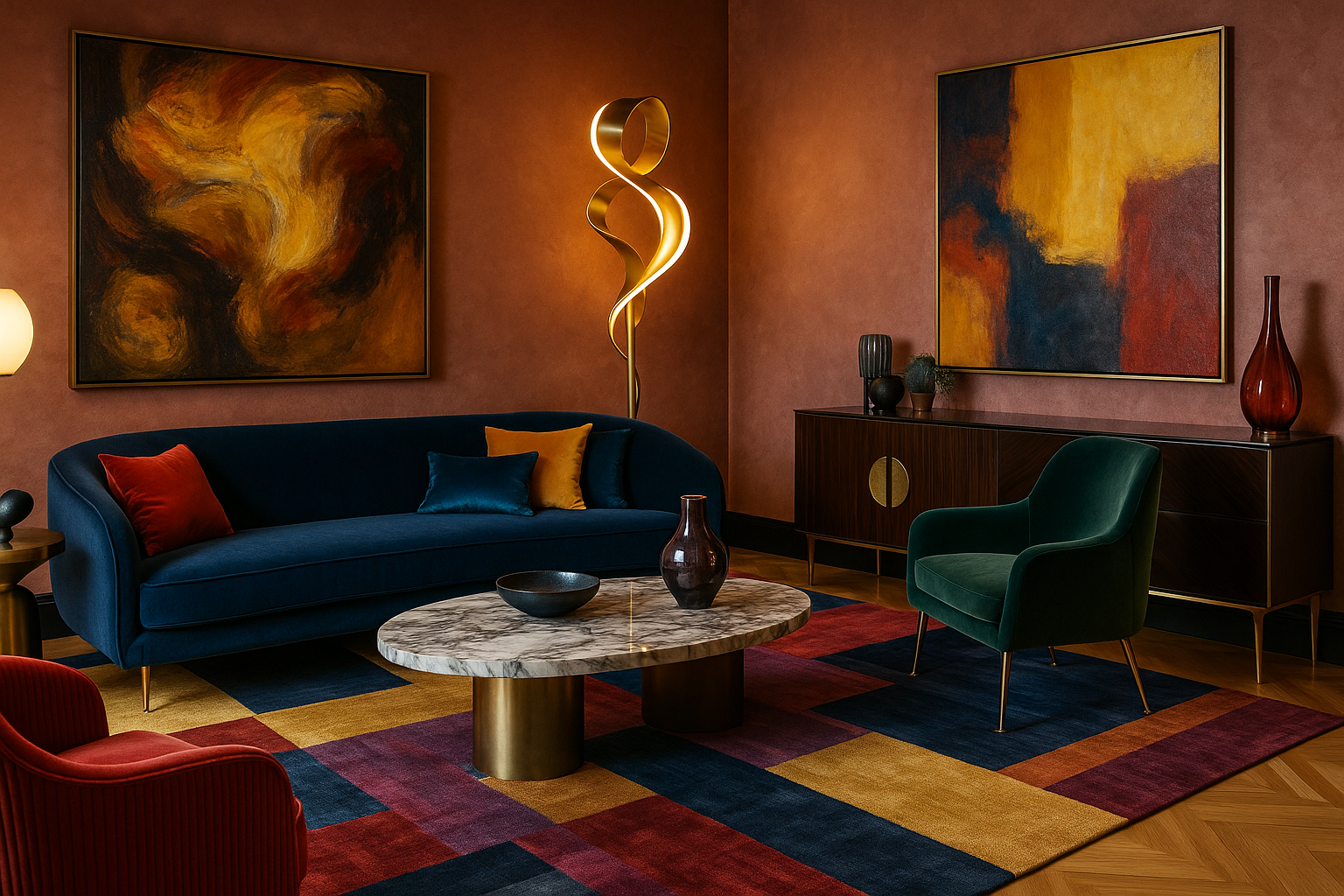 Ekskluzywny salon w nowoczesnym stylu maksymalistycznym z aksamitnymi meblami w intensywnych kolorach, marmurowym stolikiem, złotą rzeźbiarską lampą, abstrakcyjnymi obrazami i luksusowymi tkaninami na tle teksturowanych ścian.