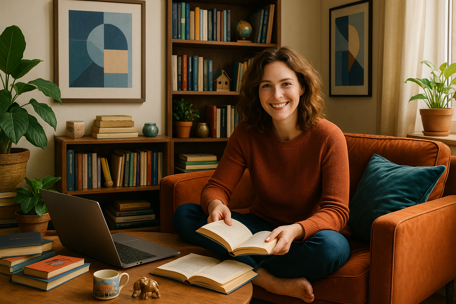 Przytulne, osobiste wnętrze w stylu maksymalistycznym z roślinami, książkami, pamiątkami i sztuką – kobieta siedzi z uśmiechem w fotelu, otoczona inspirującymi detalami.