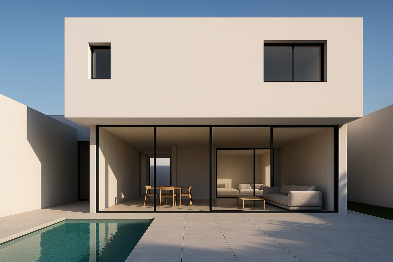 Nowoczesny dom w stylu minimalistycznym z białą fasadą, dużymi przeszkleniami i jasnym, prostym wnętrzem – przykład podejścia minimalizm vs maksymalizm 2025 w architekturze.