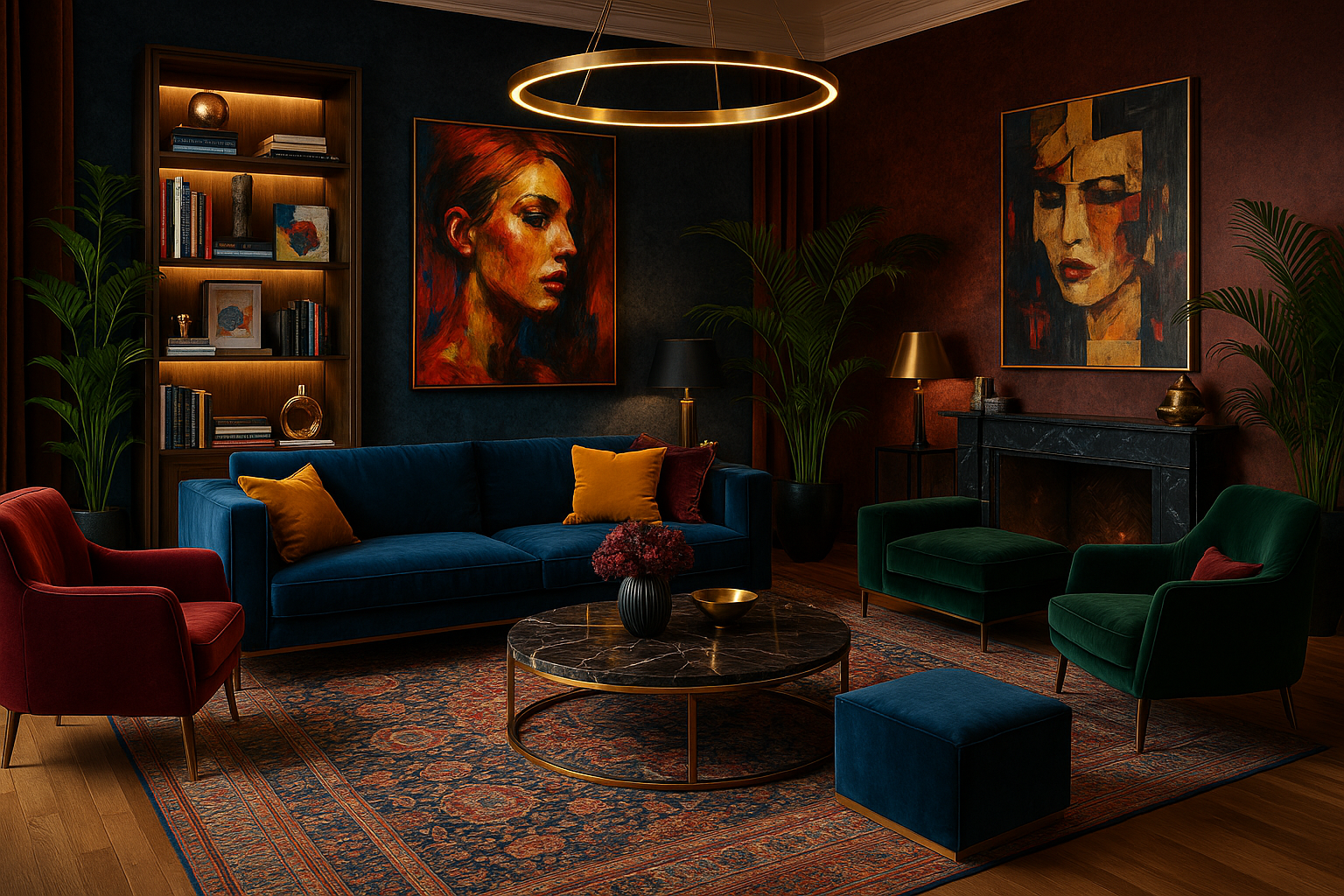 Ekskluzywny salon w nowoczesnym stylu maksymalistycznym z aksamitnymi meblami w szlachetnych kolorach, marmurowym stolikiem, złotymi akcentami, sztuką na ścianach i eleganckim oświetleniem.