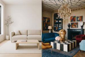 Minimalizm vs maksymalizm 2025 we wnętrzach – zestawienie dwóch stylów: jasny, uporządkowany salon minimalistyczny po lewej i pełne kolorów, artystyczne wnętrze maksymalistyczne po prawej