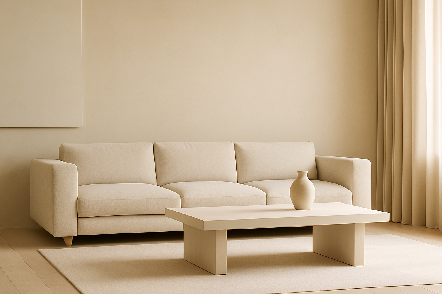 Beżowy, minimalistyczny salon z prostą sofą, niskim stolikiem i ceramicznym wazonem w naturalnym świetle – spokojna aranżacja w duchu minimalizm vs maksymalizm 2025.
